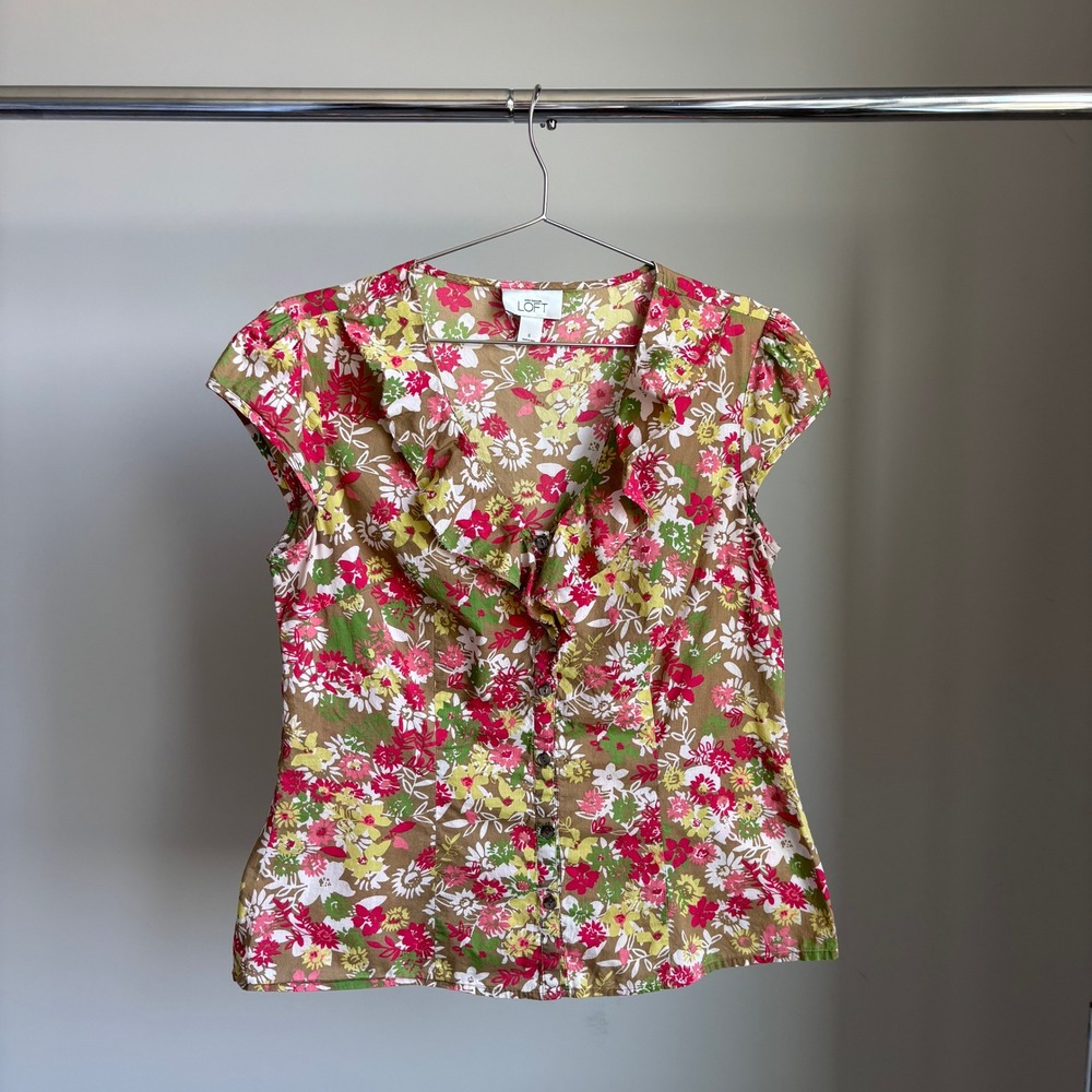 Vintage Ann Taylor Blouse 6 Cotton Floral Ruffle Cap Sleeve Soft Cottage Grandma